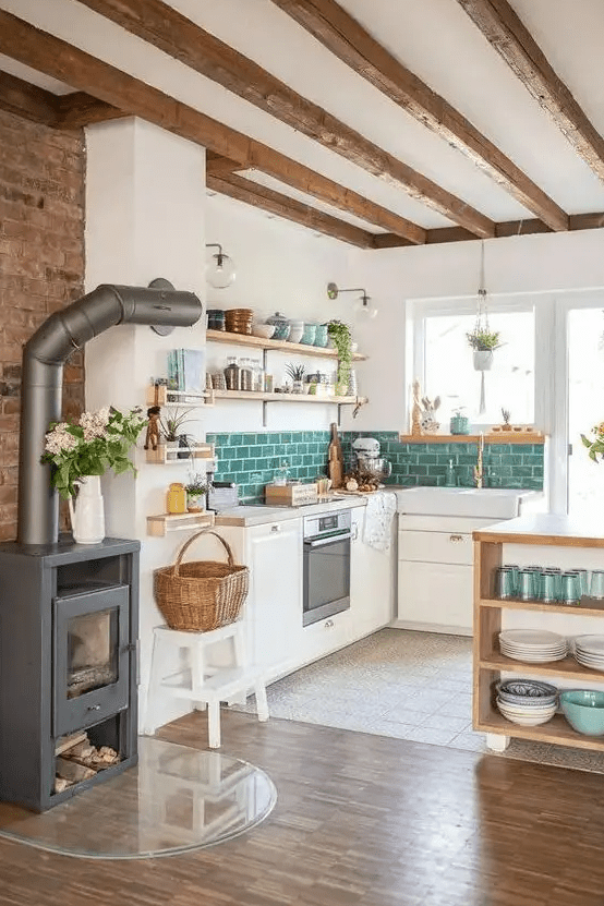 a modern country kitchen with white walls and white cabinets, wooden beams on the ceiling, a fireplace and a basket and wooden shelves