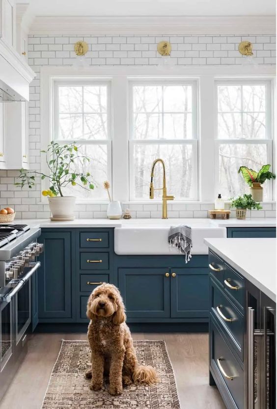 A navy blue modern farmhouse kitchen with shaker-style cabinets, a white subway tile wall, and gold fixtures is very elegant
