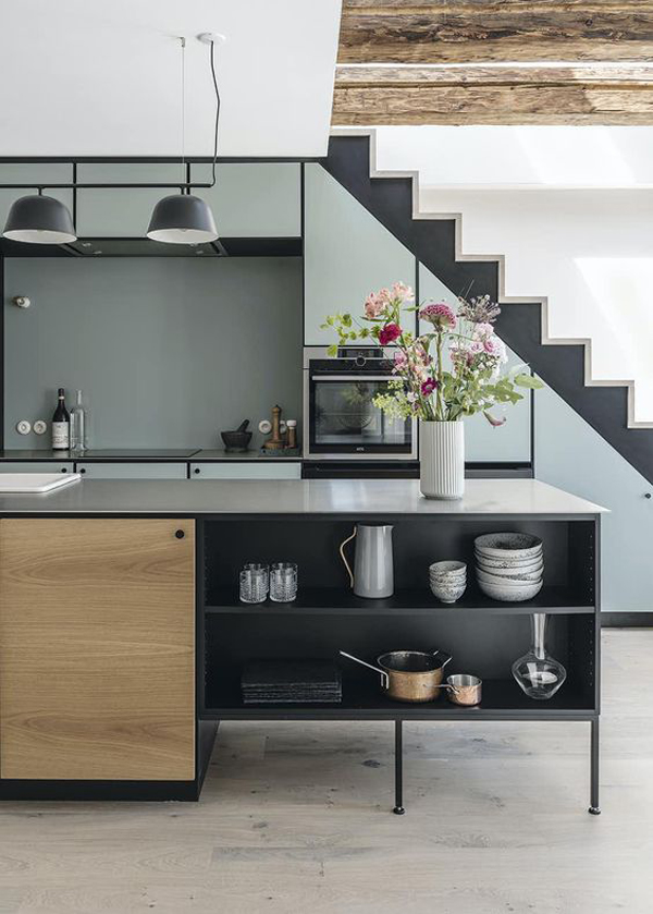 minimalist-gray-kitchen-ideas-under-the-stairs