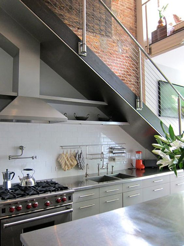 modern, space-saving kitchen under the stairs