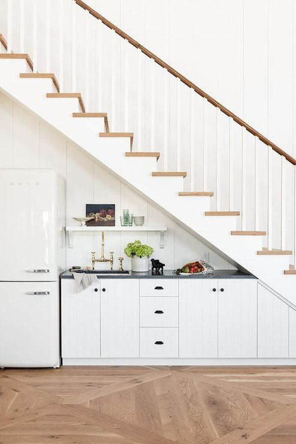 Framhouse-style under-the-stairs kitchen