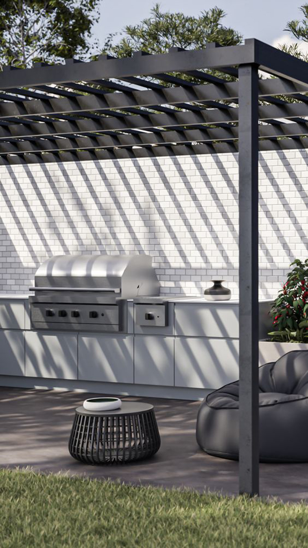 Cool and modern outdoor kitchen pergola with black accents