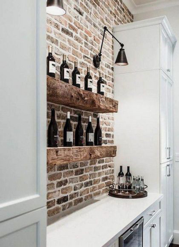 Industrial brick kitchen backsplash with wine storage wall