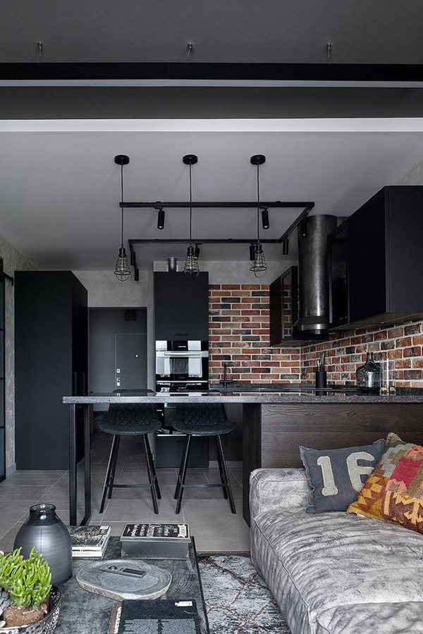 modern and industrial kitchen design with exposed bricks