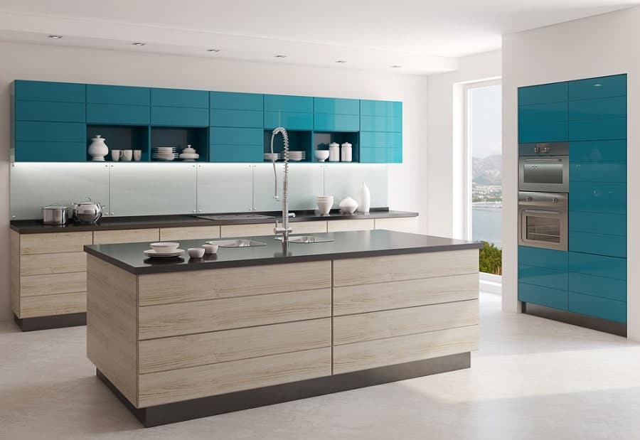 Blue and natural colored cupboard kitchen 