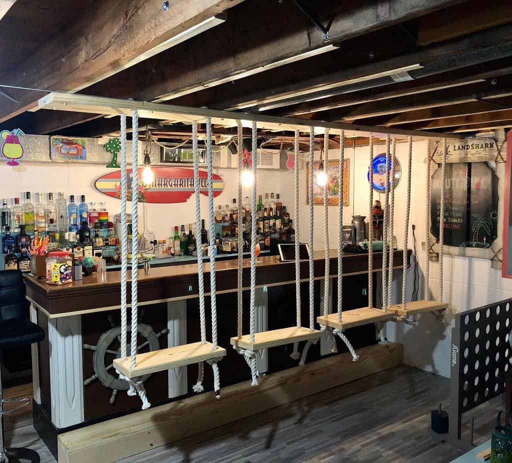 Small basement bar with rope swing seats 