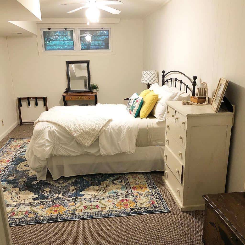 small vintage bedroom in the basement