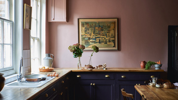 Colorful kitchens, dark blue cabinets and pink wall