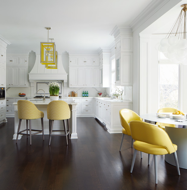 Colorful kitchens, yellow seating and lights