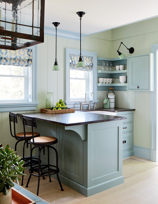 Colorful kitchens, muted green and blue cabinets
