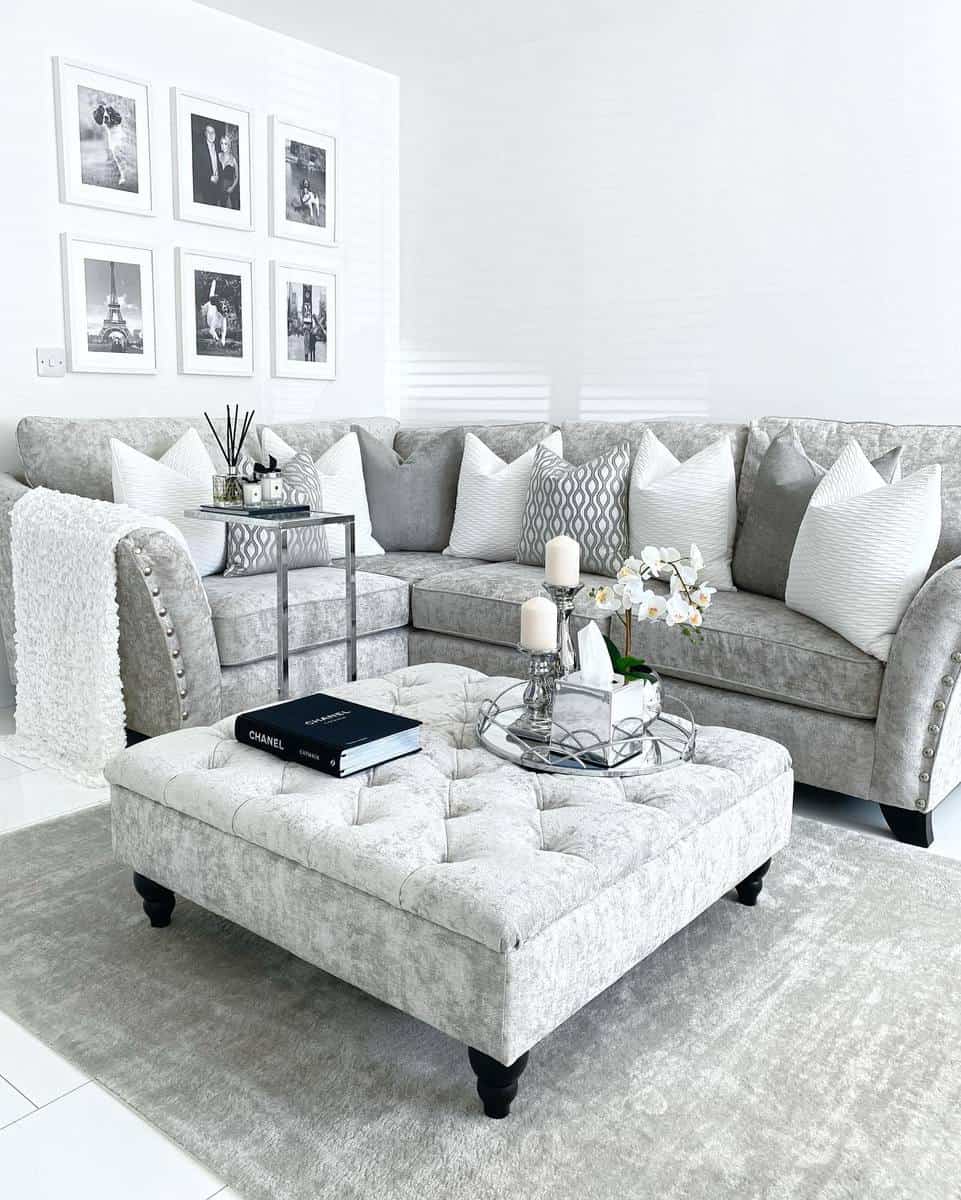 Gray sofa, luxury living room, framed wall posters