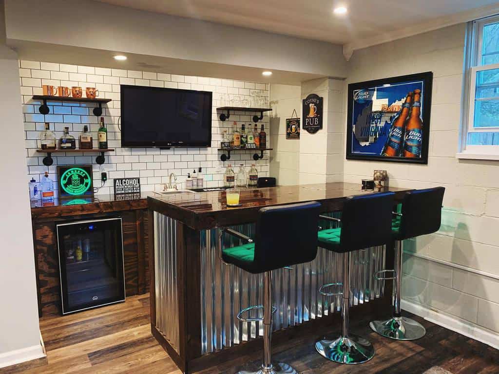 Small basement bar with vinyl wood floors 