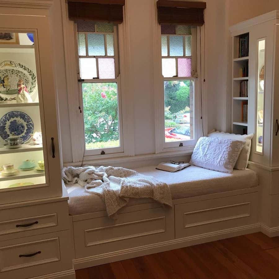 Vintage window seat glass cabinets, bookcase 