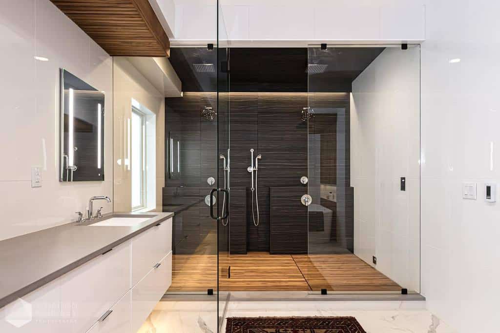modern bathroom with wooden floor 