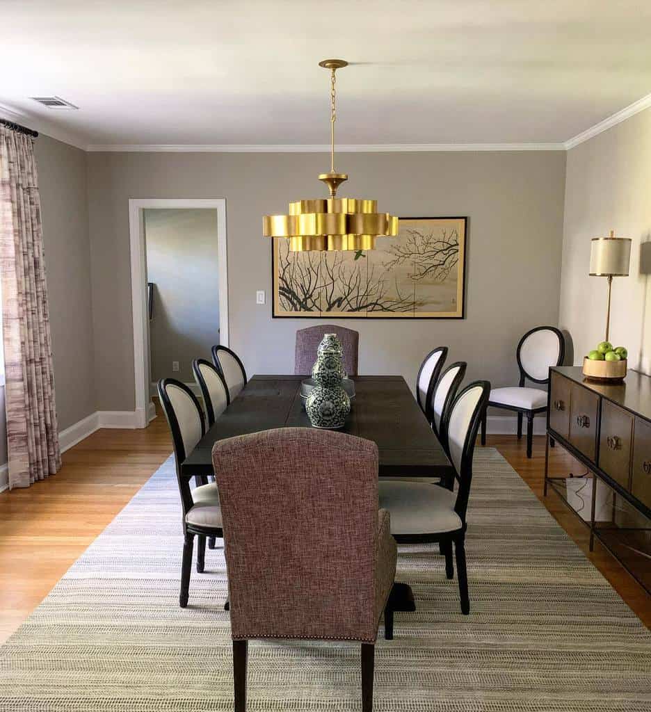 Modern transitional living room with dining table