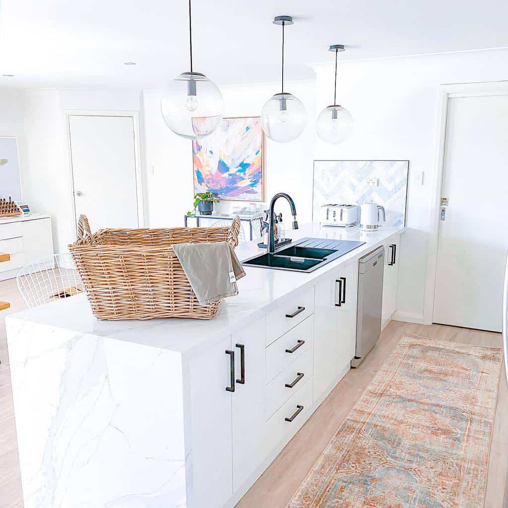 Modern white cupboard kitchen with patterned floor carpet 