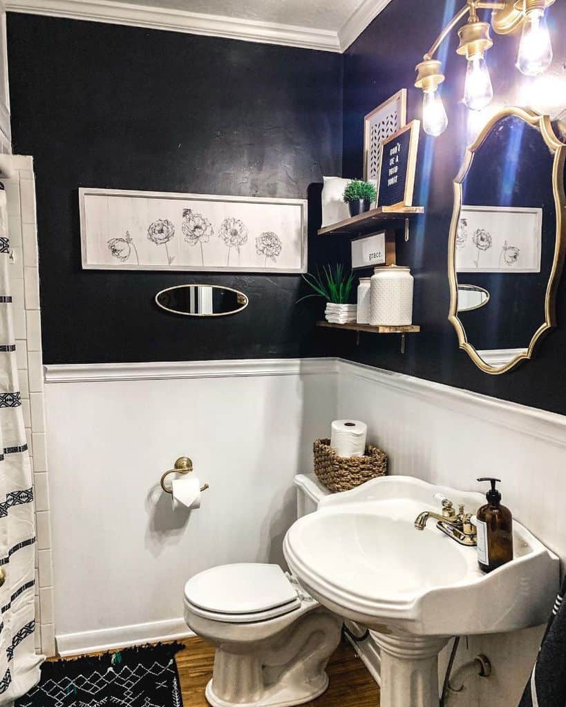 Modern farmhouse bathroom in white and black with two-tone walls 