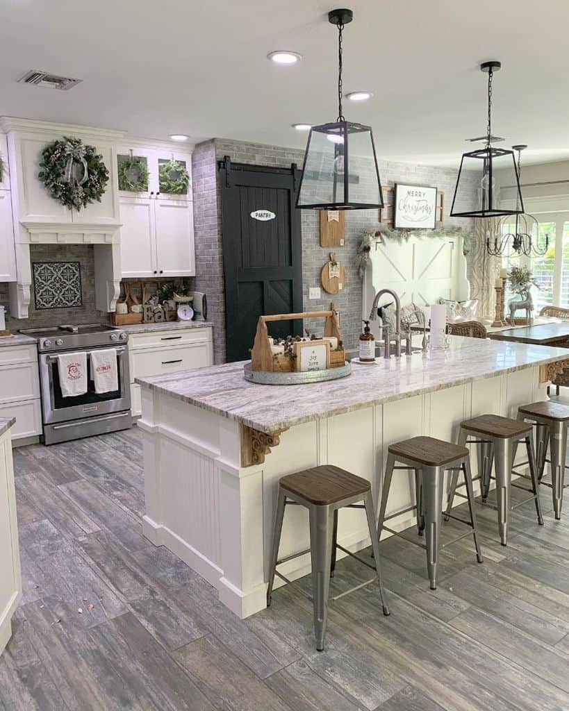 Modern farmhouse kitchen with gray granite work island 