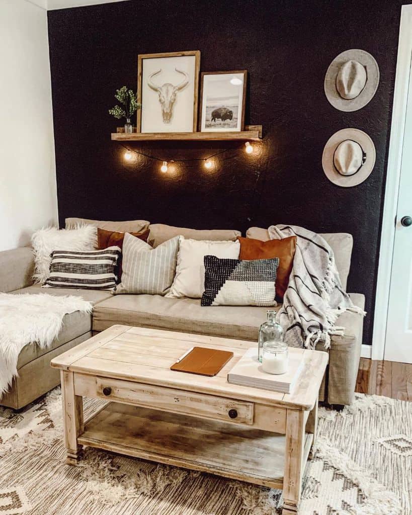 Black accent wall in farmhouse living room 