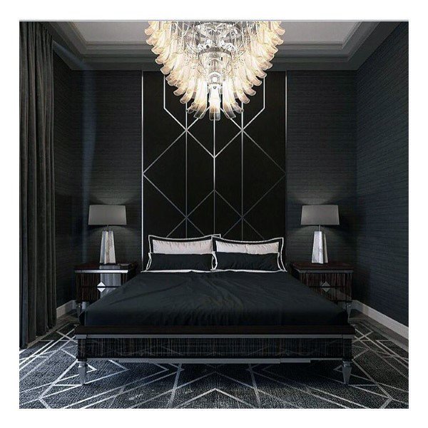 Black abstract carpet for bedroom with large bed 