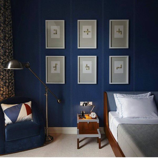 Blue bedroom, wooden bed, blue seat lamp