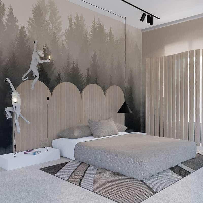 Modern Bedroom Forest Wall Art Monkey Platform Bed