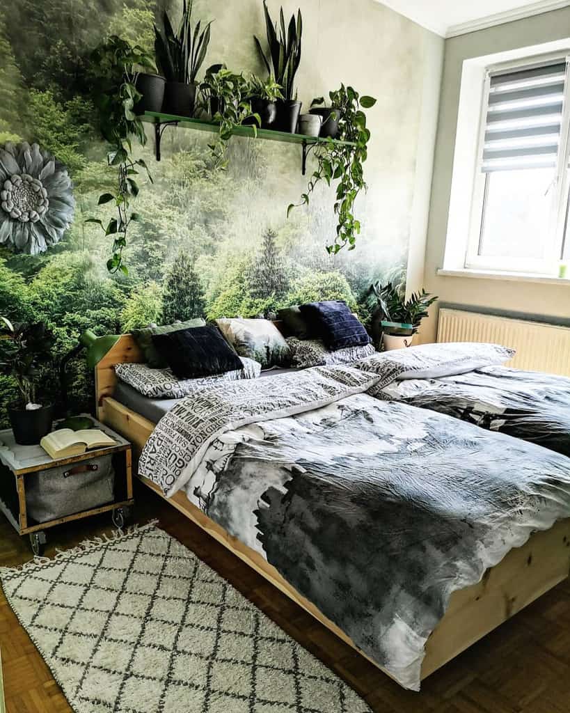 Forest wallpaper bedroom shelf potted plants