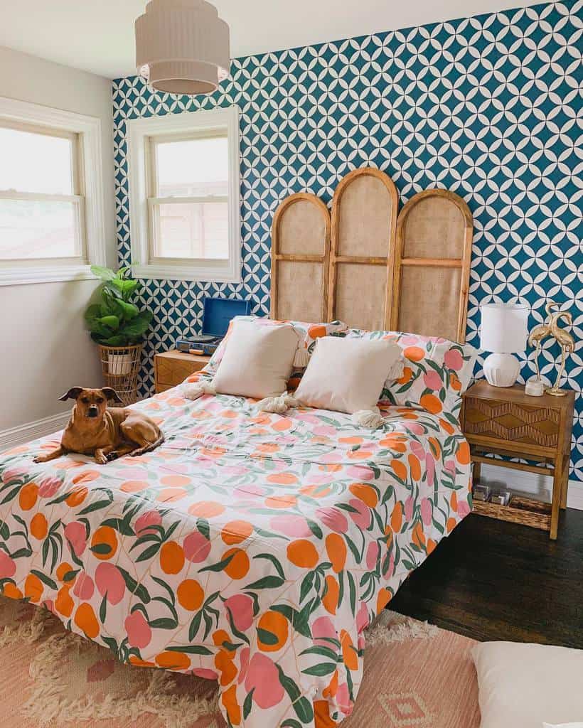 Pattern bedroom wallpaper colorful bedspread dog