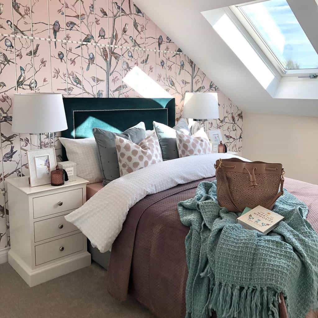 Pink bird wallpaper, attic bedroom window, white lamps