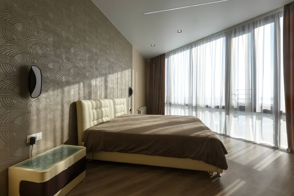 Modern Bedroom Tile Floor Large Window Pattern Wallpaper Design