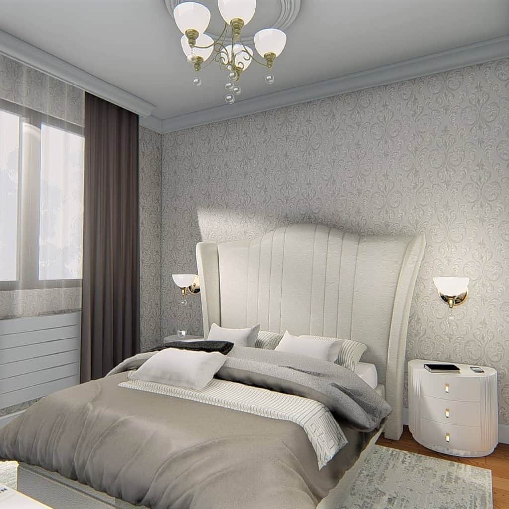 Pattern wallpaper, large white bed floor carpet