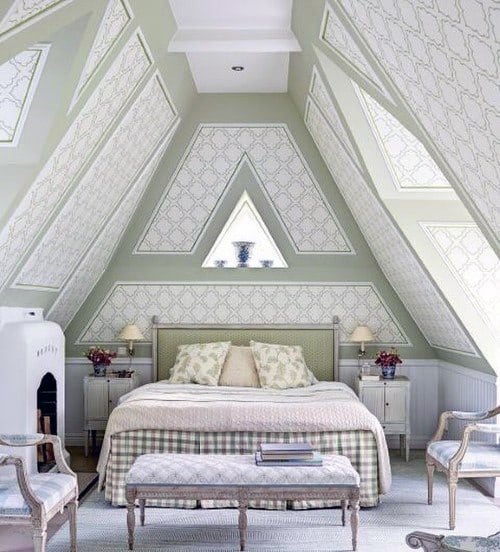 High ceiling fireplace with green pattern in the attic 