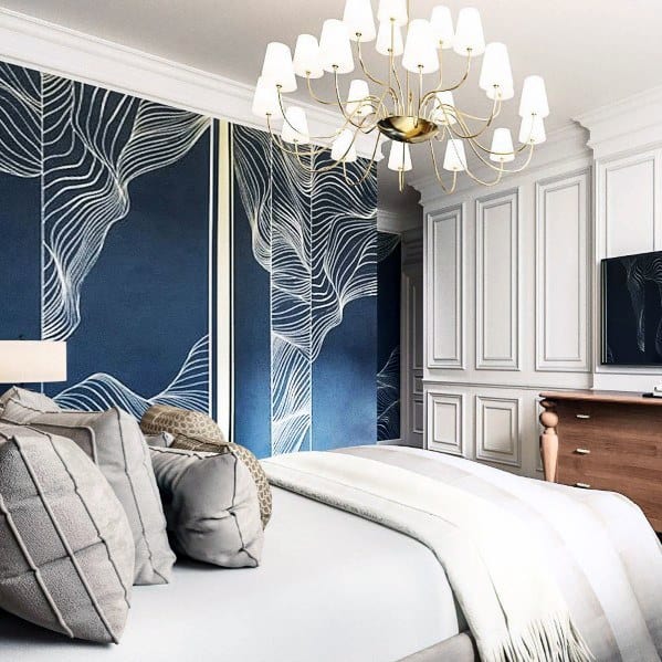 Blue pattern wallpaper, gray bed chandelier