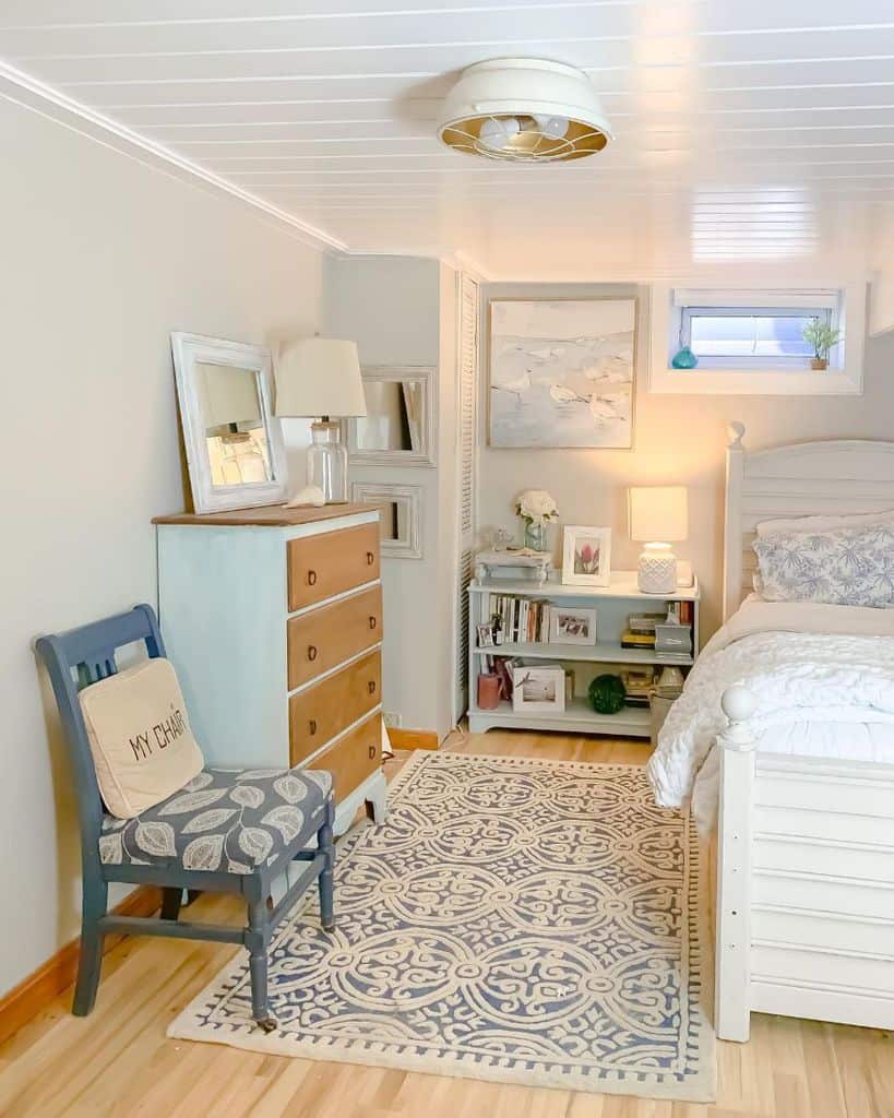 White stepped ceiling in a small vintage bedroom 