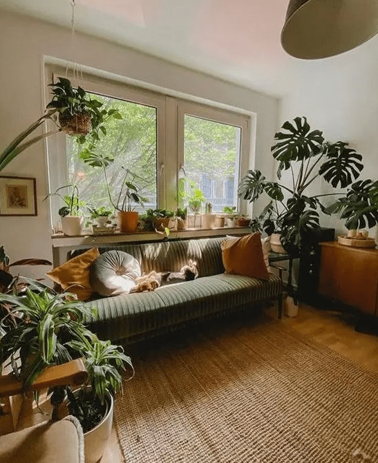A pretty mid-century modern living room with a green sofa and pillows, stained furniture, a rug and lots of pot slabs