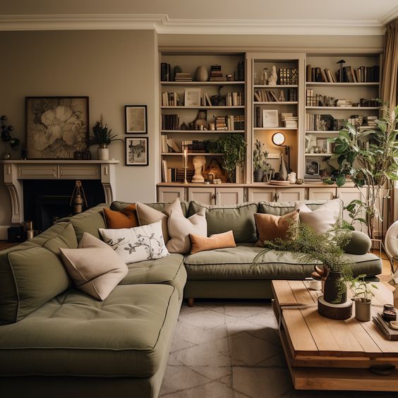 A living room in natural tones with gray walls, a green sectional, earthy pillows and lots of greenery is inviting