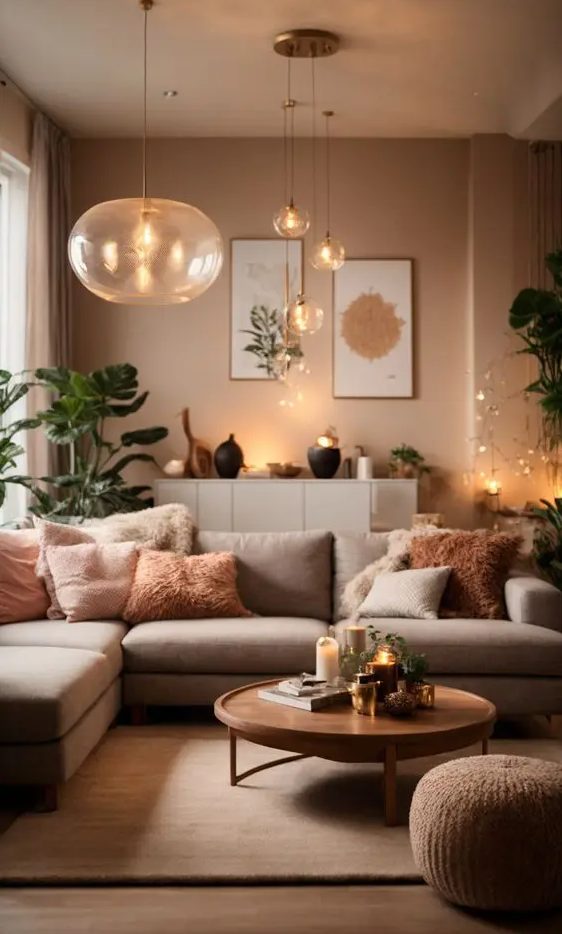 a beautiful earthy living room with beige walls, a greige sofa with cushions, a low coffee table, a brown stool and lots of greenery