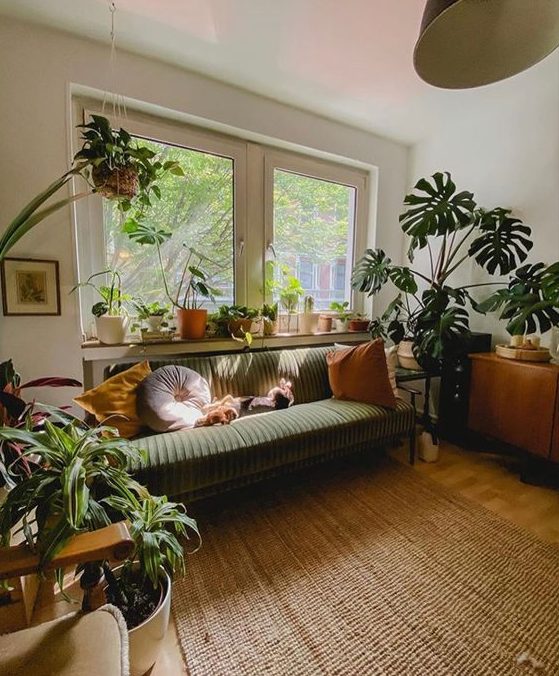 A pretty mid-century modern living room with a green sofa and pillows, stained furniture, a rug and lots of pot slabs