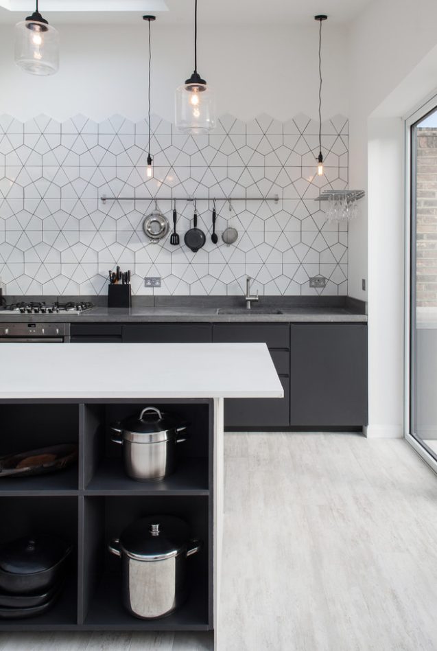 Large format hexagon tiles allow you to create interesting geometric patterns in your kitchen, and geometry is timeless