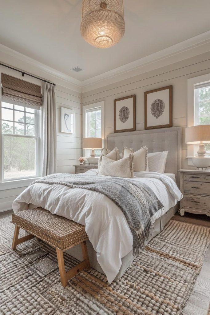Farmhouse bedroom: Cozy simplicity with shiplap walls and warm lighting