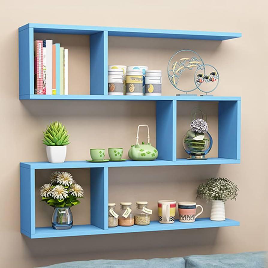 Utilize floating shelves to display books and decor in your blue living room