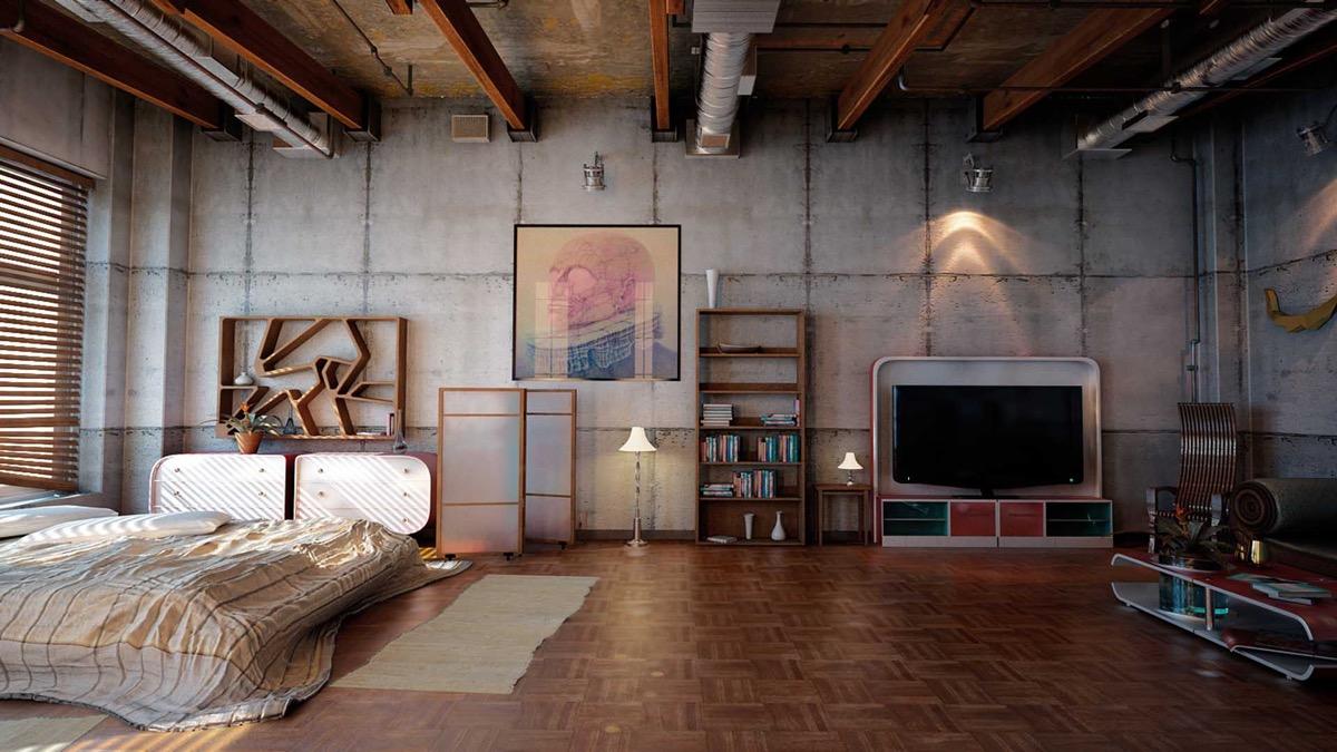 Industrial bedroom: Exposed brick and metal accents create a modern edge