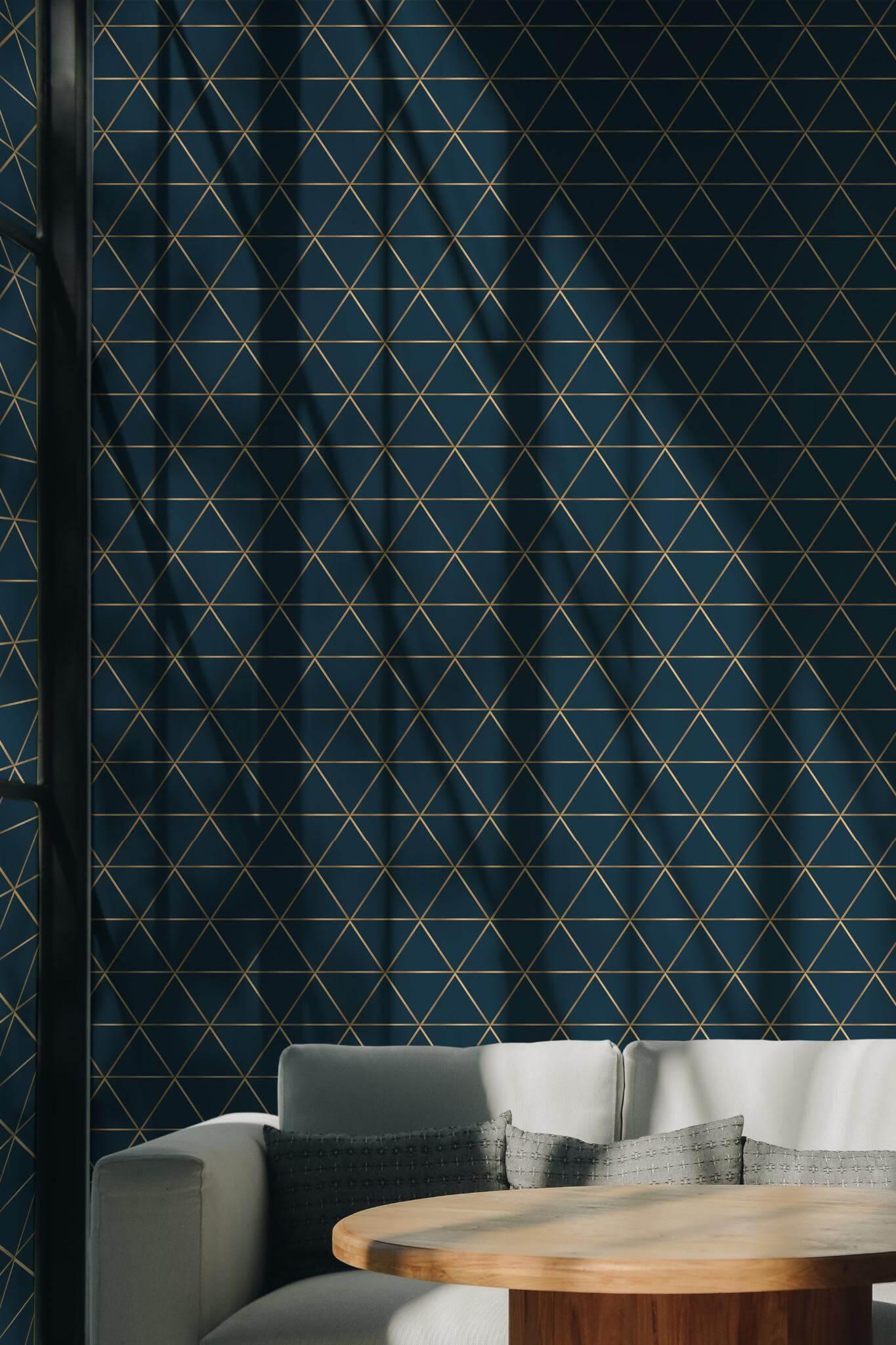 Play with geometric patterns to add interest to your blue living room