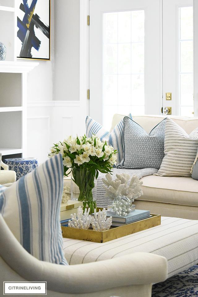 Embrace soft coastal hues for a calming blue living room