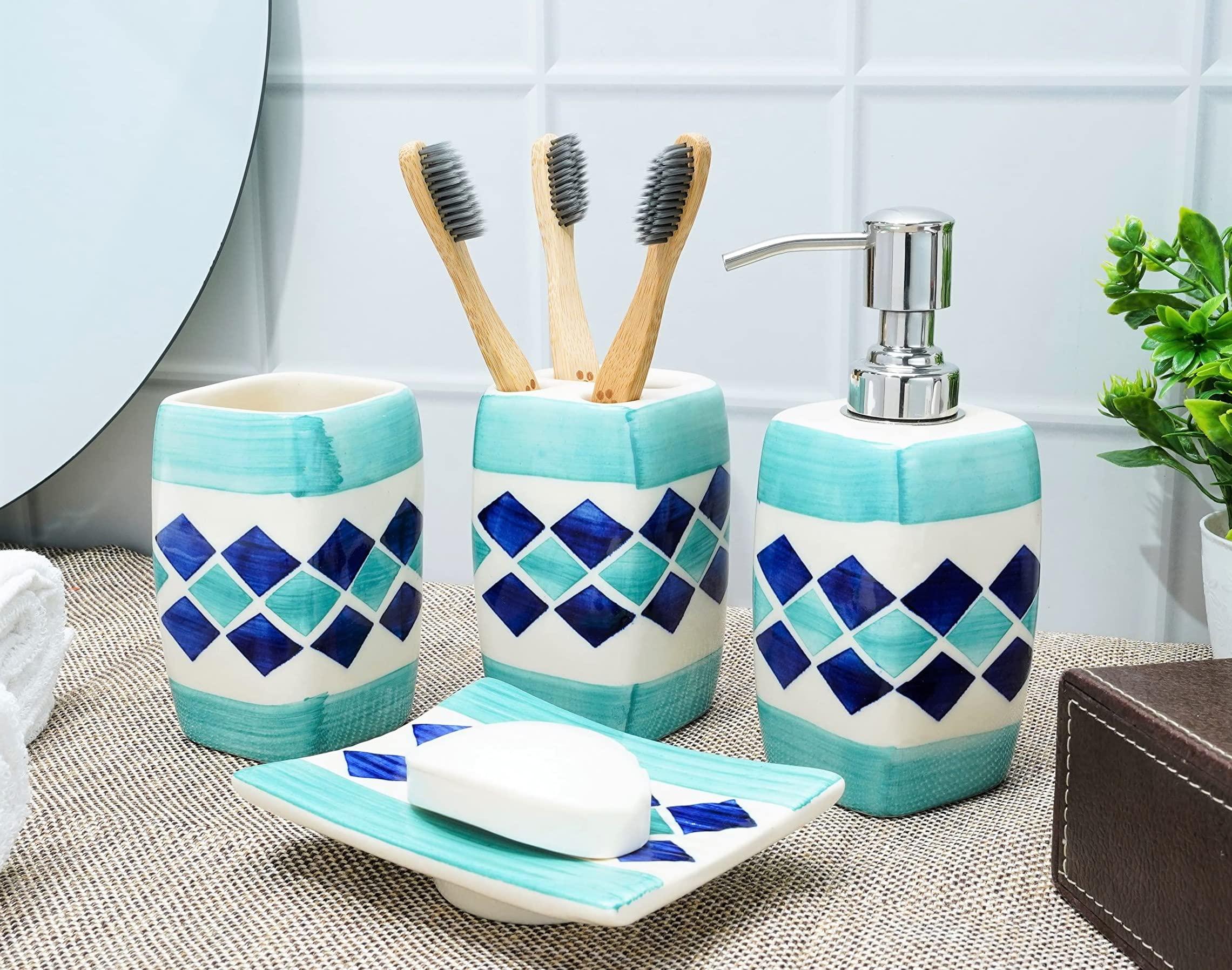 Hand-painted pottery accessories for unique boho bathroom elegance