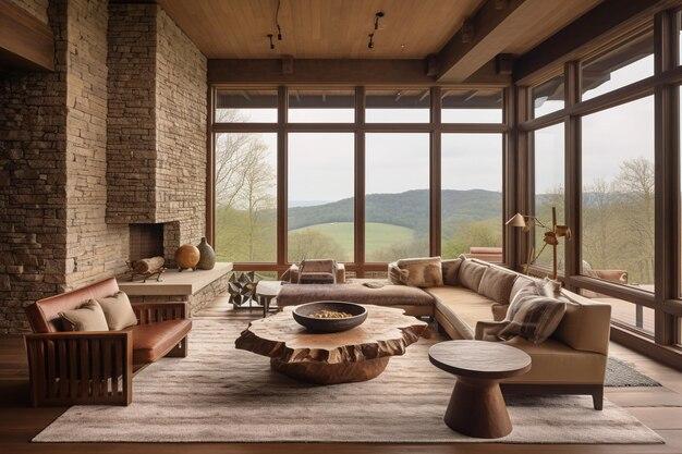 Use natural materials like wood and stone for an inviting earthy living room