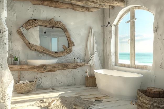 Choose driftwood accents for a seaside boho bathroom feel