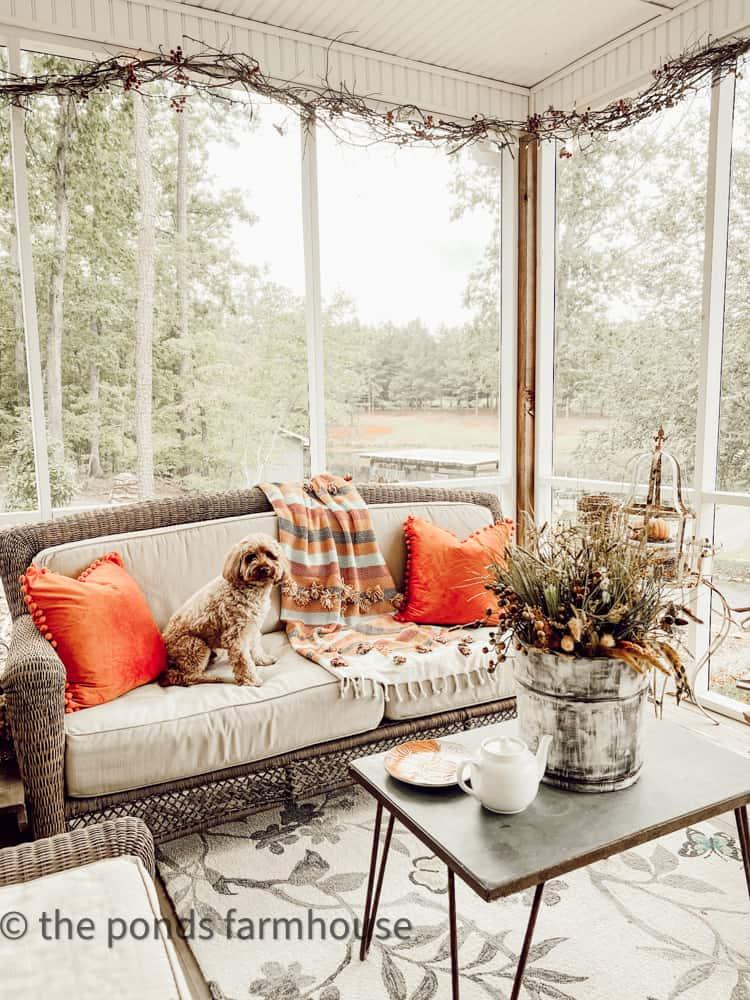 Utilize cozy blankets to create a snug Screened Porch atmosphere