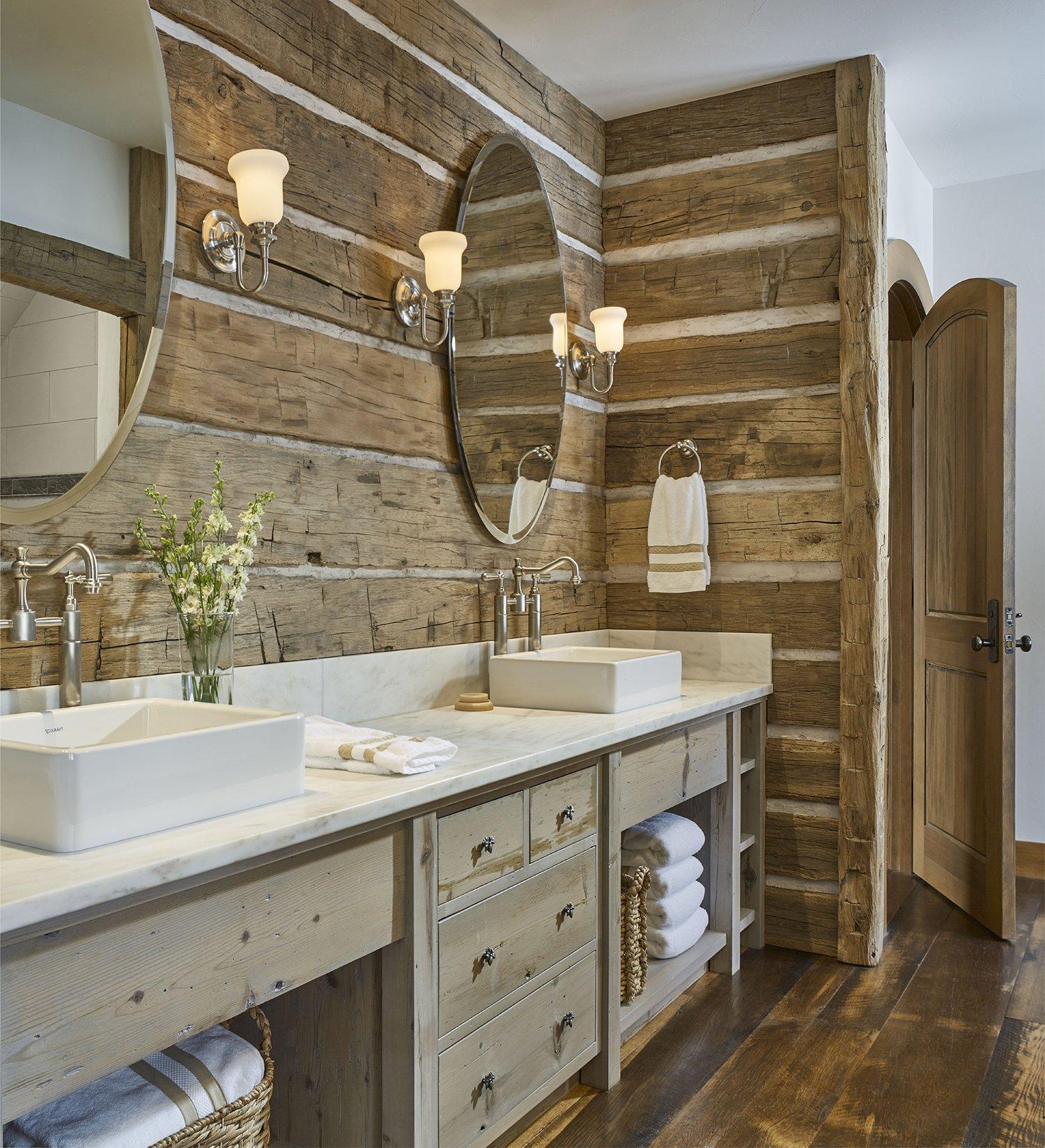 Play with textures by layering different woods in your wooden bathroom decor