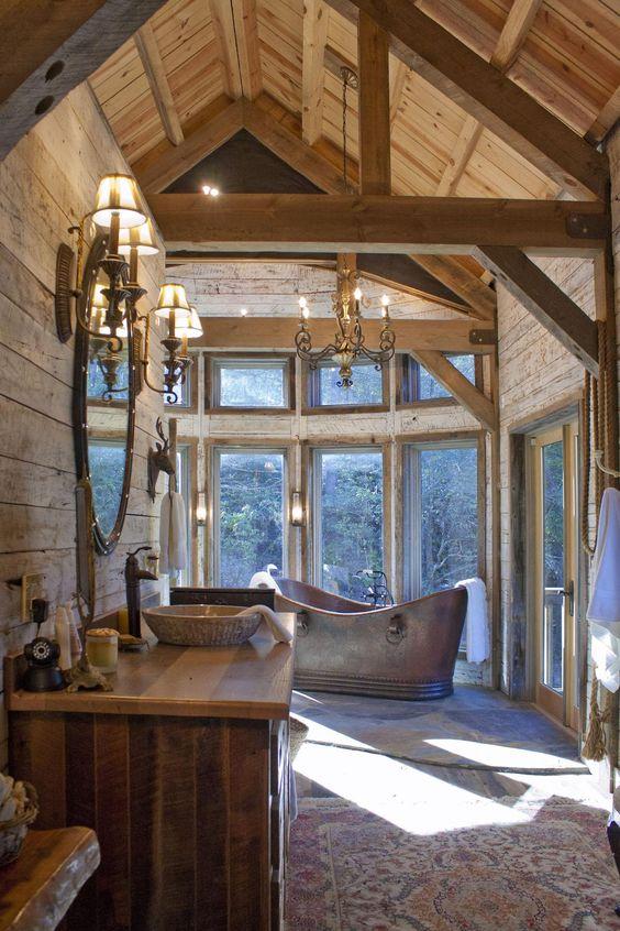 Rustic wood beams enhance the warmth of your Chalet Bathroom